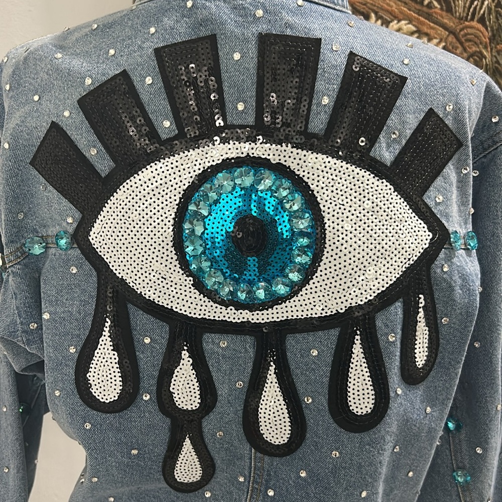 Custom Made Evil Eye New With Tags Love Tree Bling Denim Cut off Jacket. Size M - Picture 6 of 17